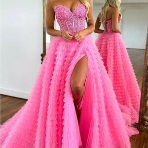 Gorgeous pink A-line sweetheart lace up long tulle prom dress with slit